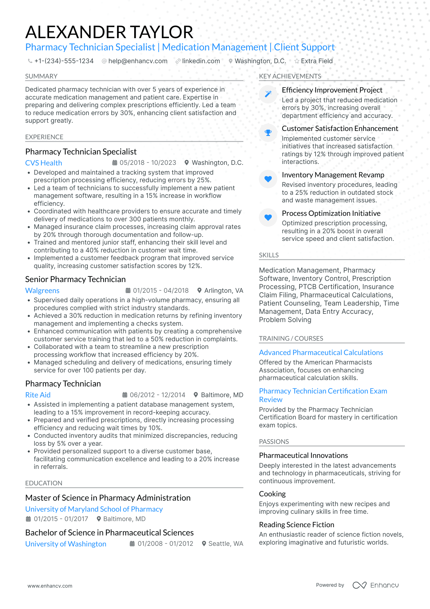 Pharmacy Technician Specialist Resume Example