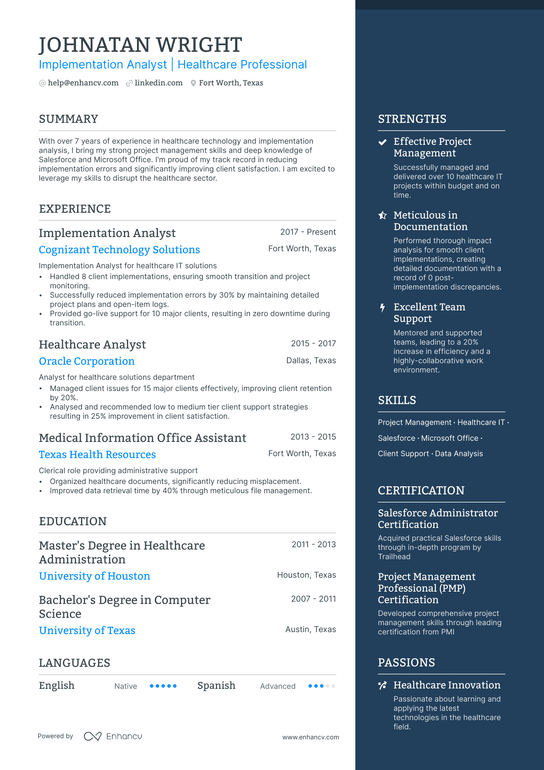 Implementation Analyst Resume Example