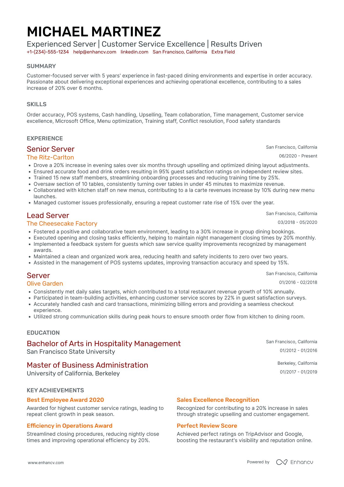 Full Time Fine Dining Server Resume Example