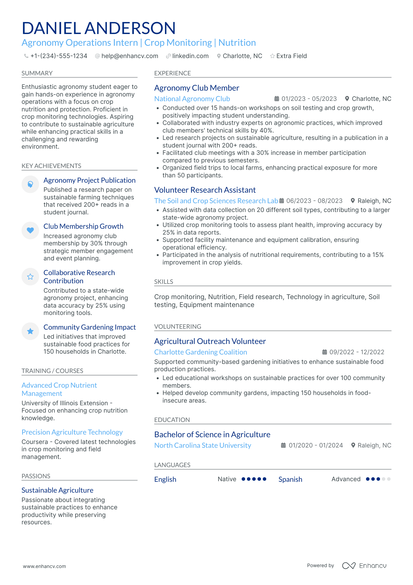 Agricultural Engineering Intern Resume Example