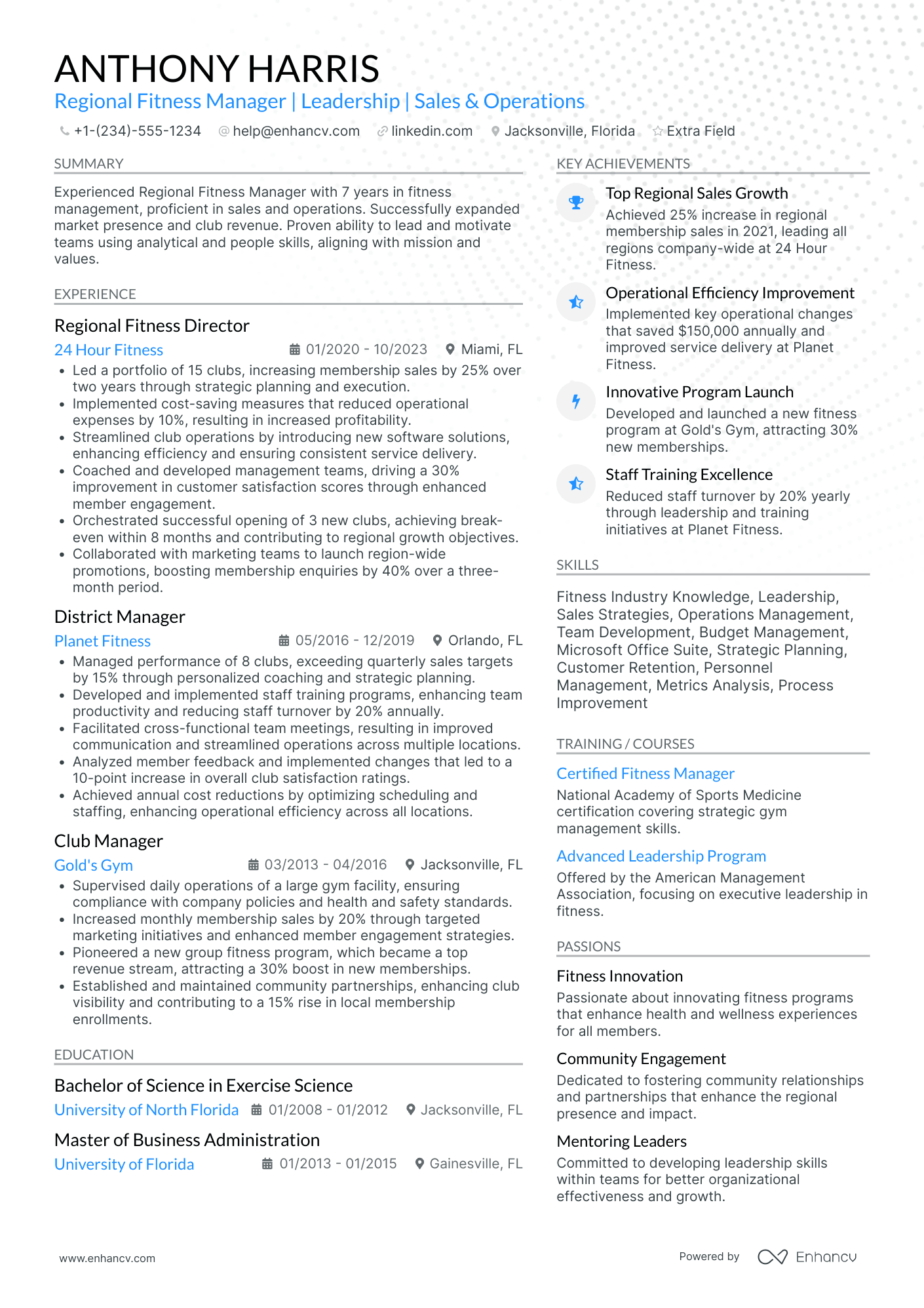 Regional Fitness Manager Resume Example