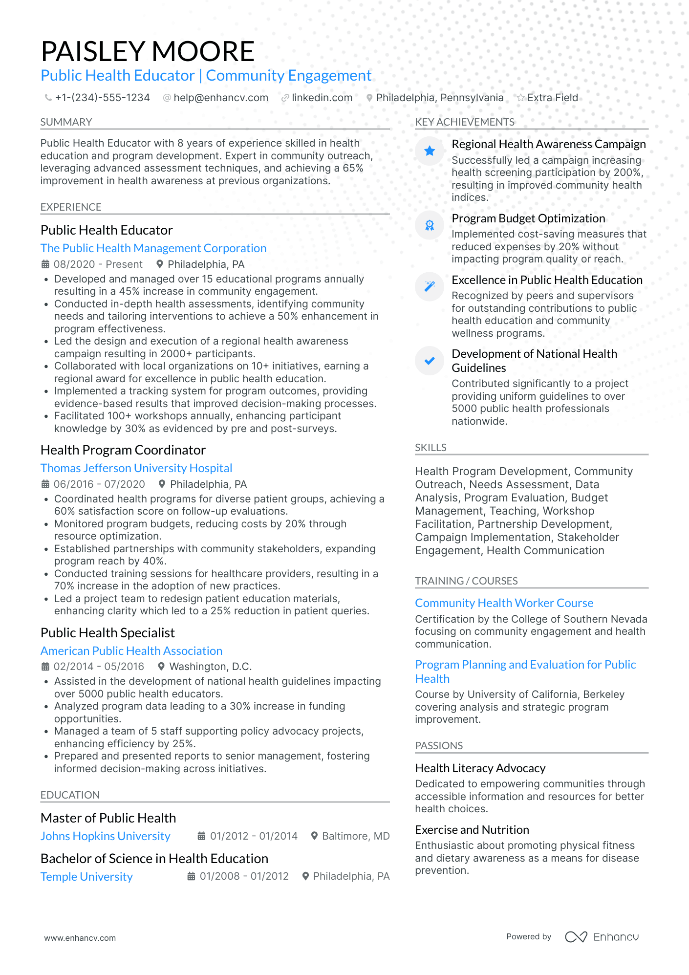 Public Health Educator Resume Example