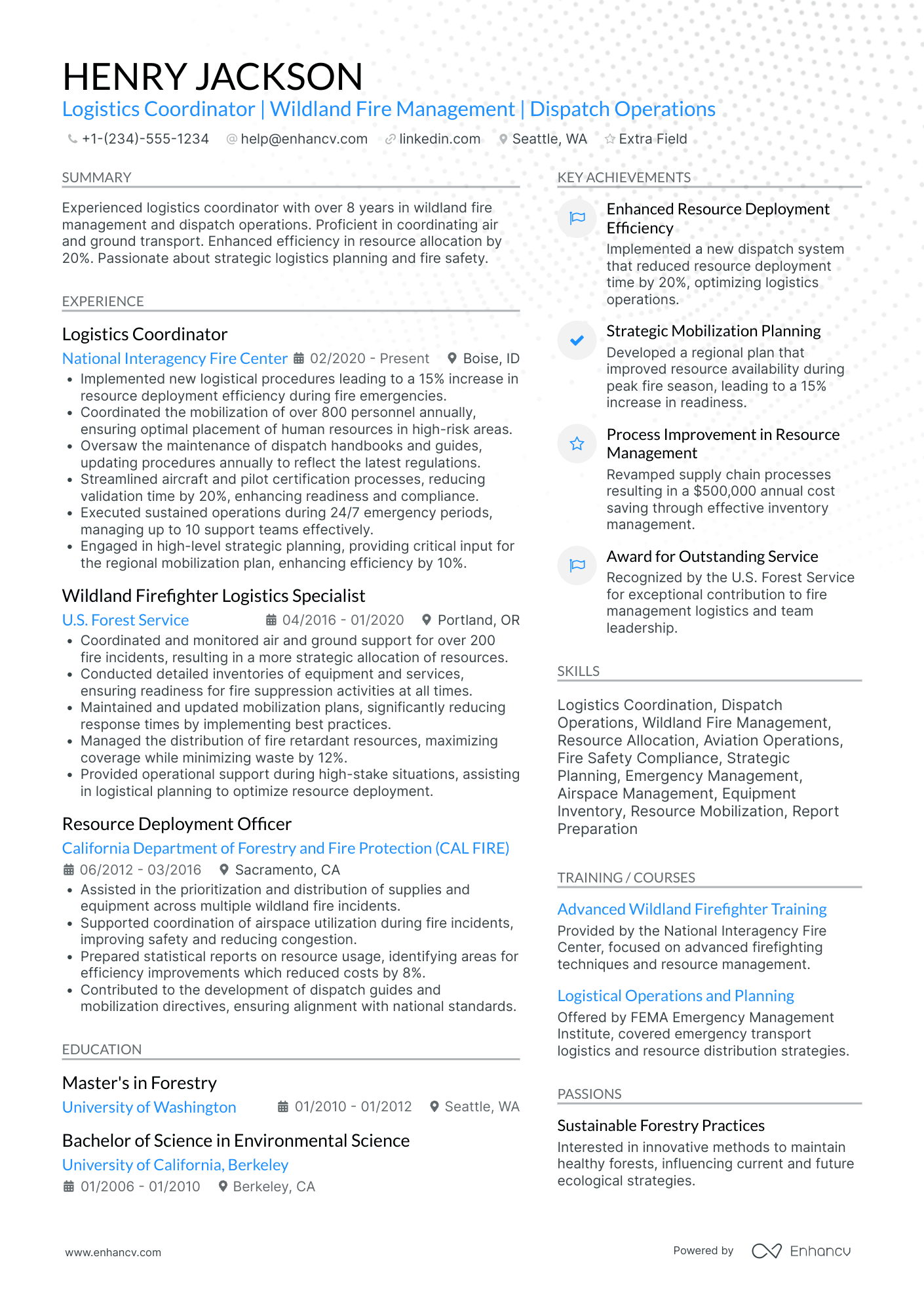 US Forest Service Firefighter Resume Example