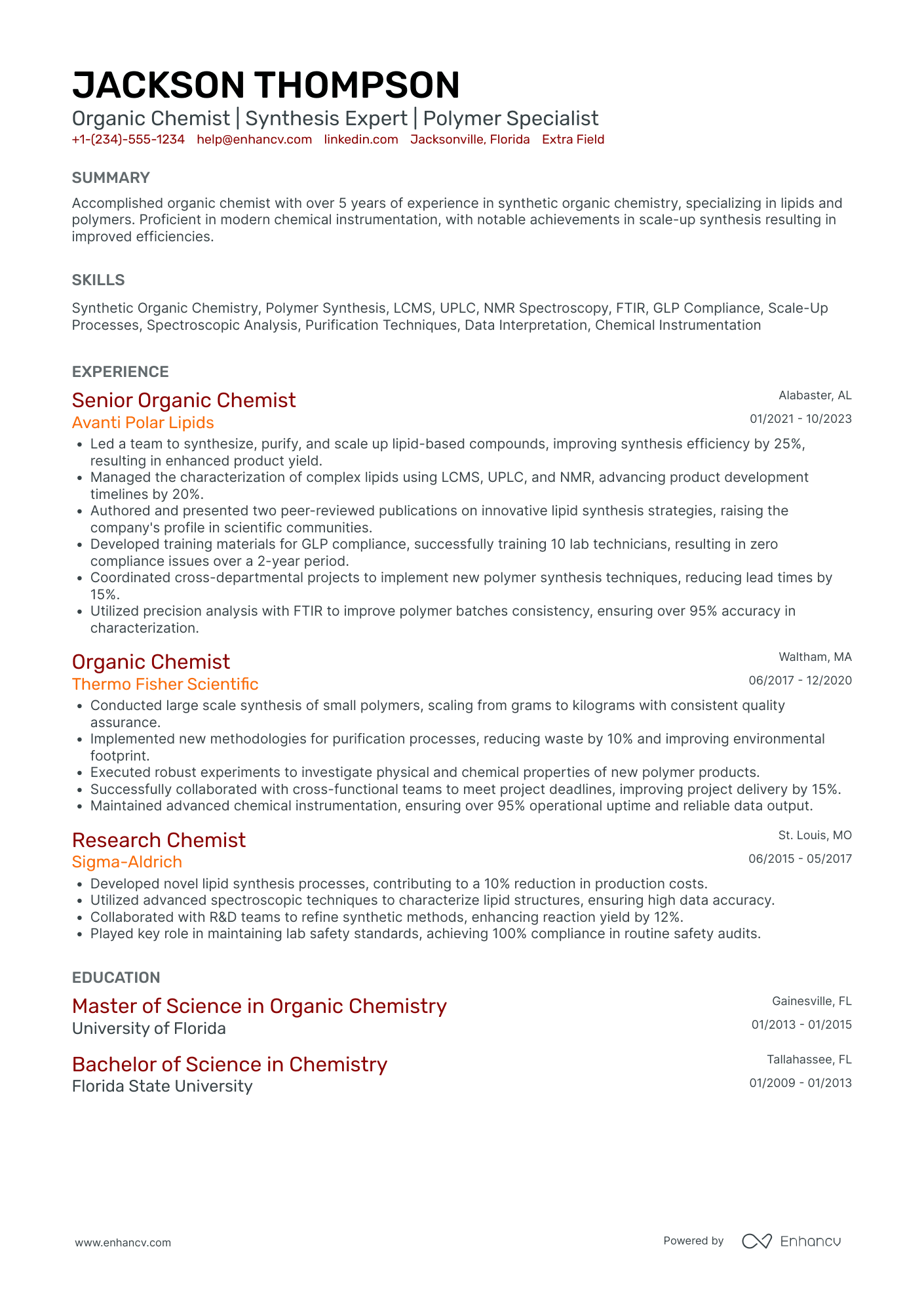 Organic Chemist Resume Example