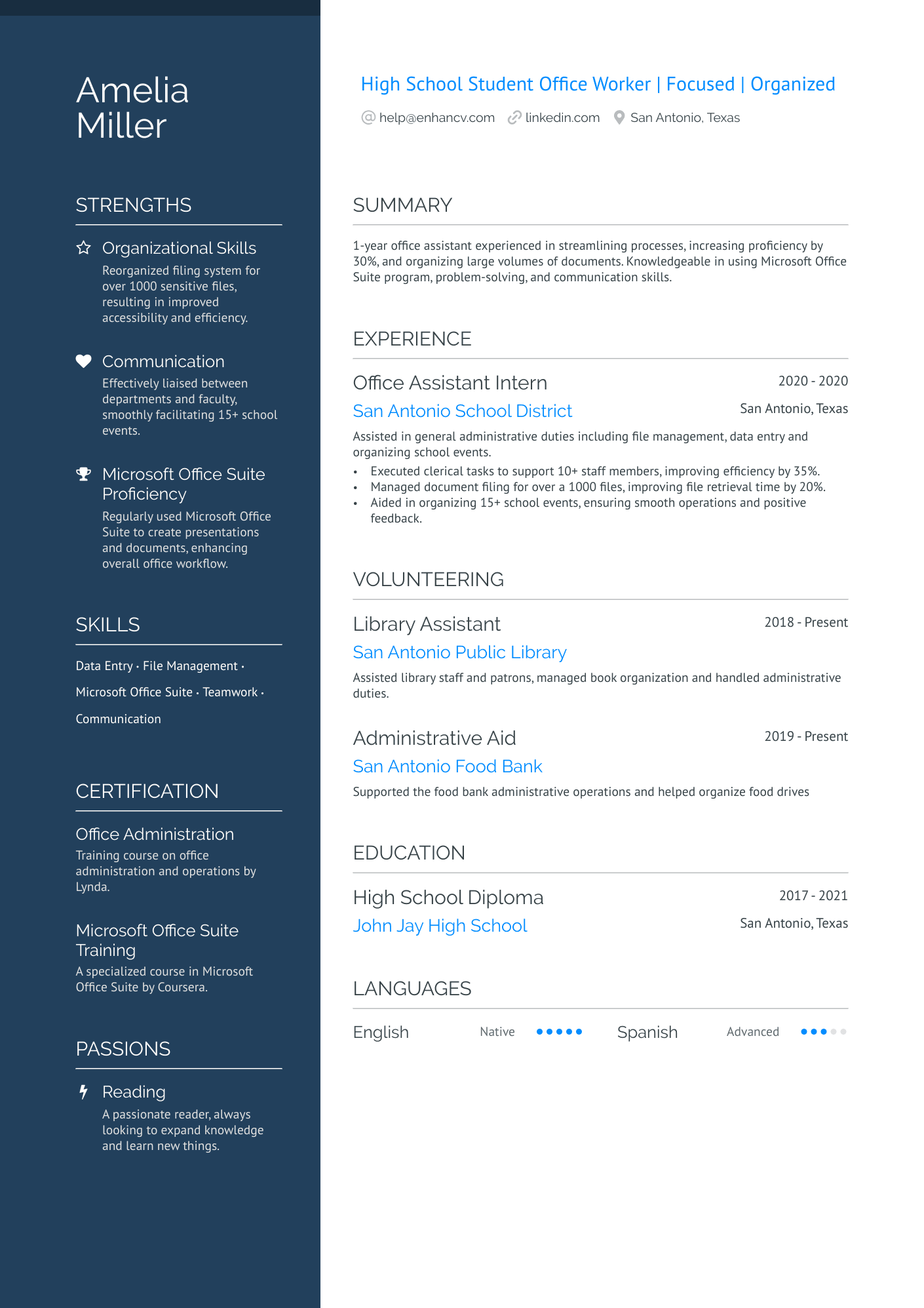 High School Student Office Worker Resume Example