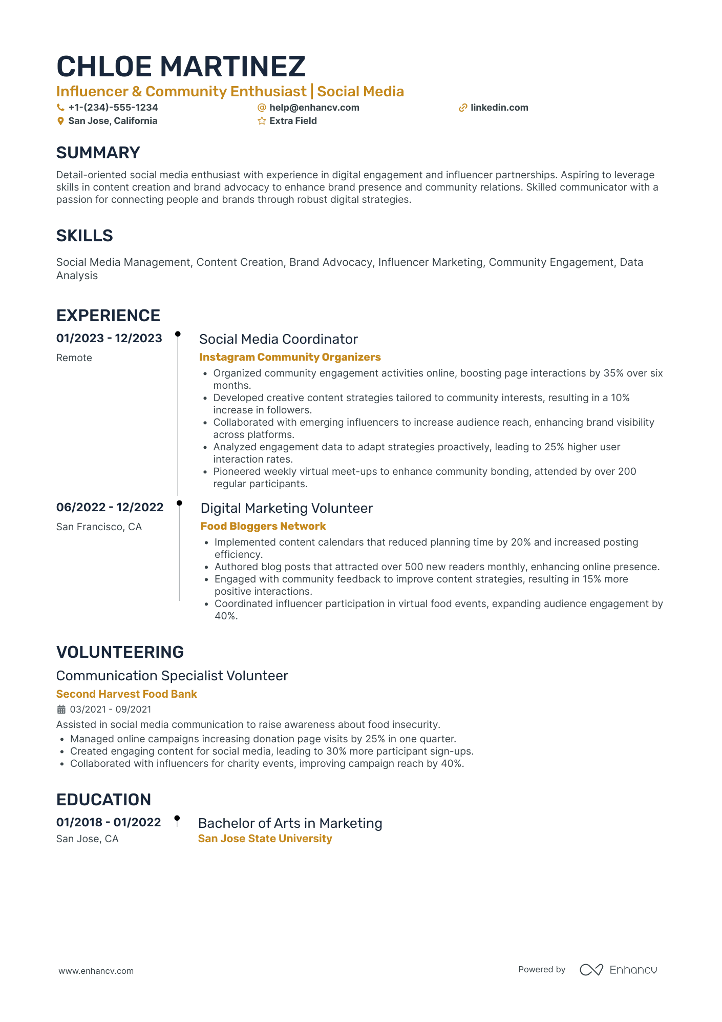 Social Media and Community Management Intern Resume Example