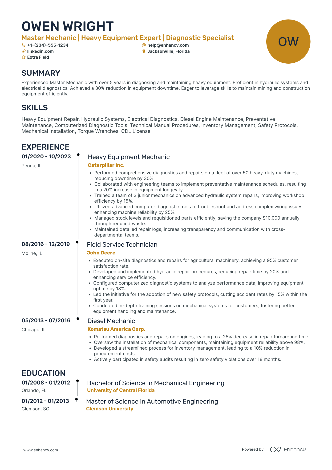 Master Mechanic Resume Example