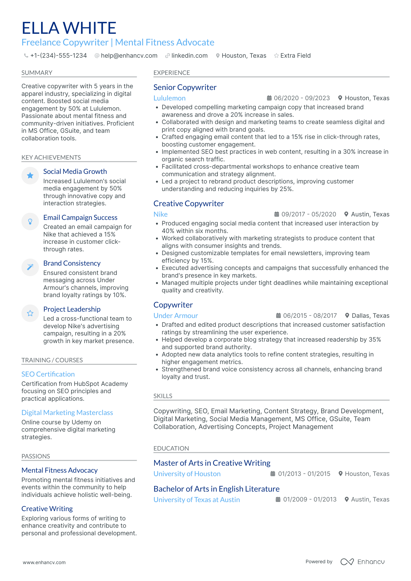 Freelance Copywriter Resume Example