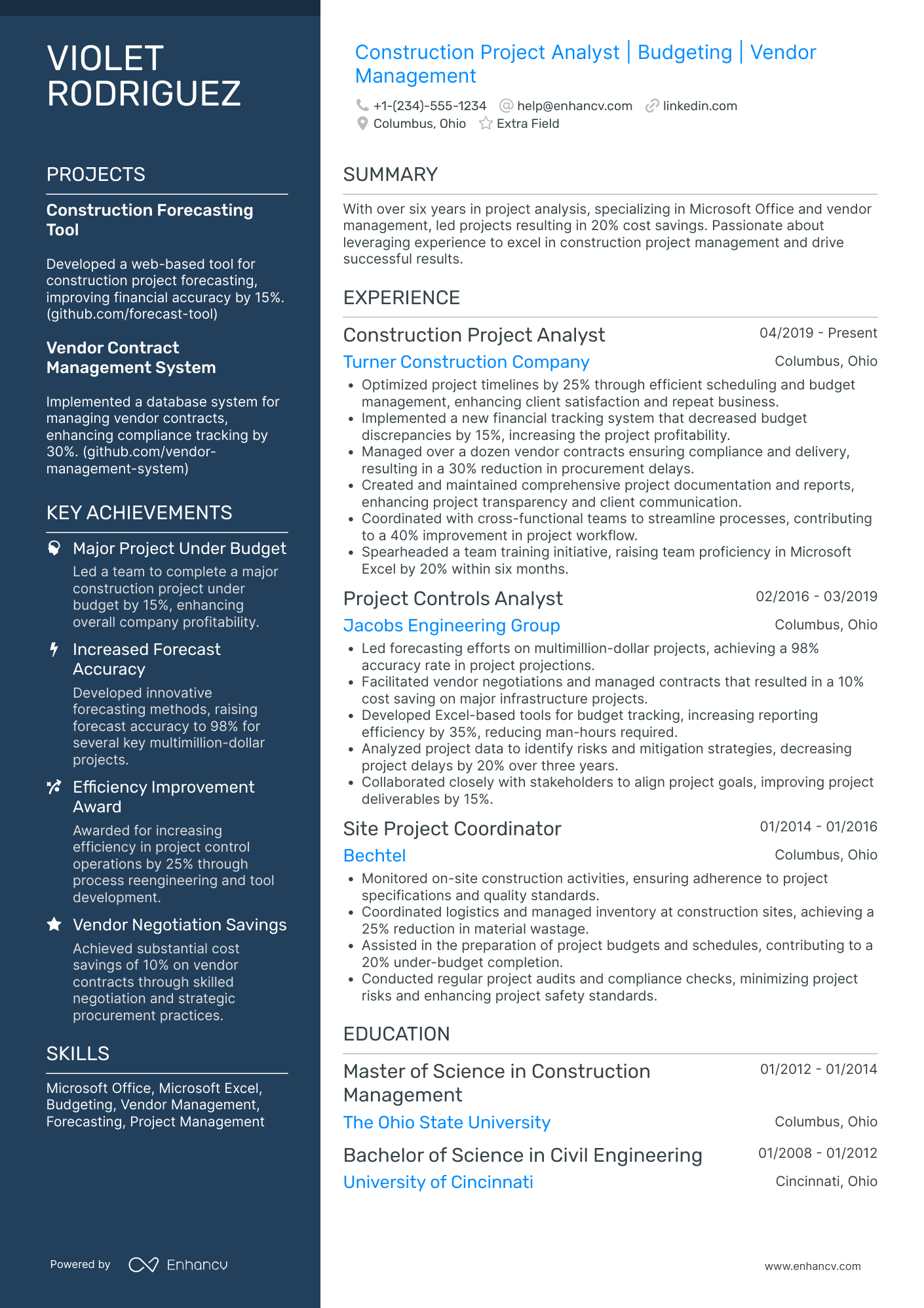 Construction Project Analyst Resume Example