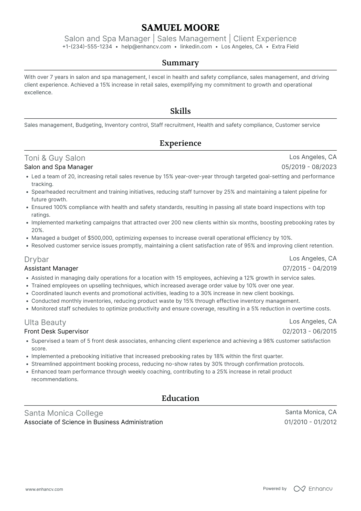 Spa and Salon Manager Resume Example