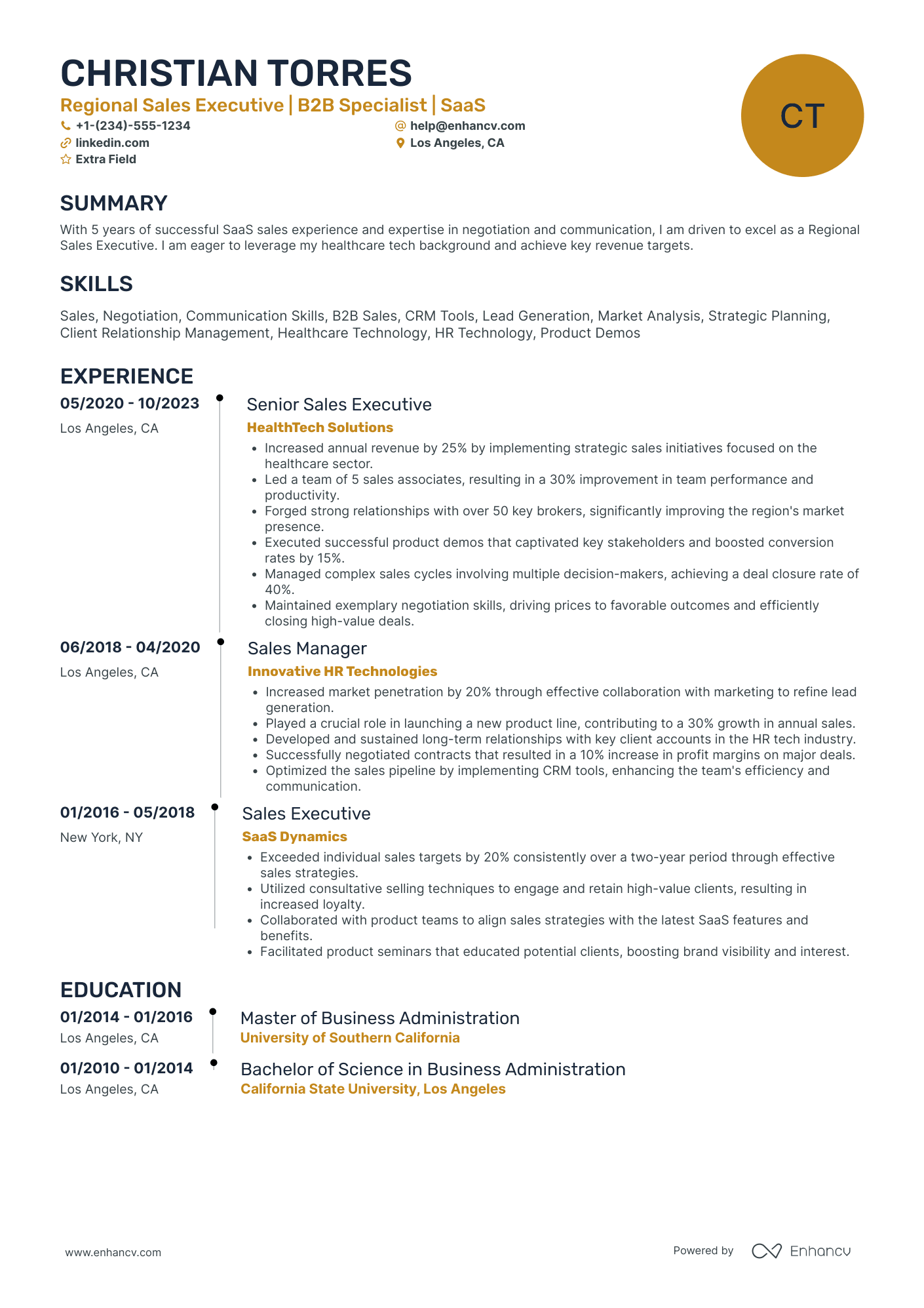 Regional Sales Executive Resume Example