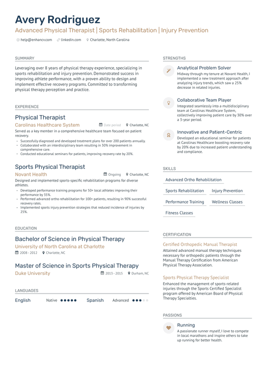 Sports Physical Therapist Resume Example