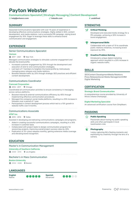 Communications Specialist Resume Example