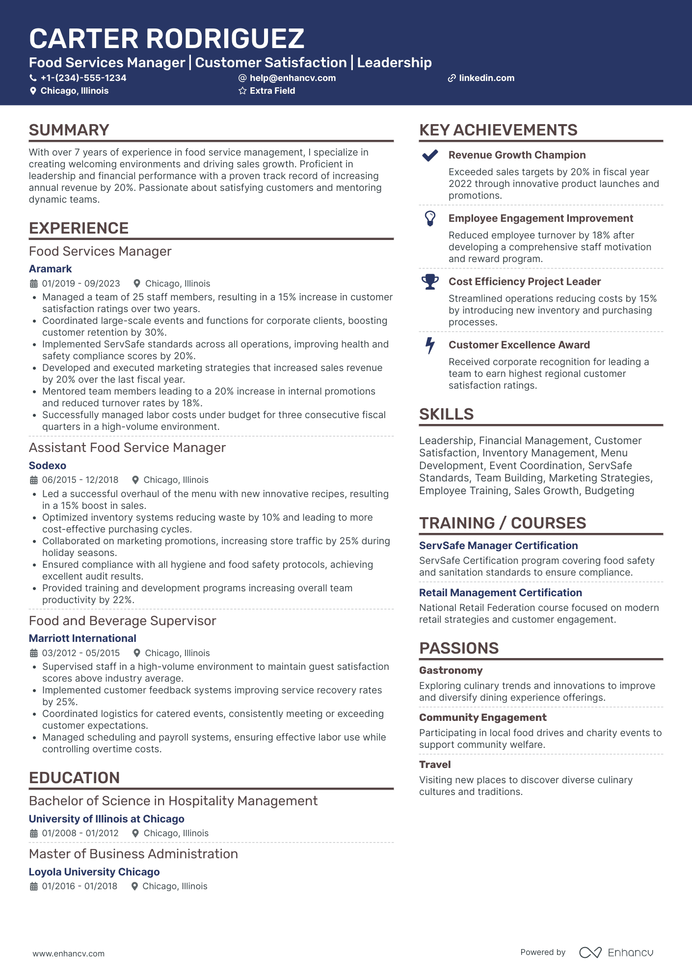 College Food Services Manager Resume Example