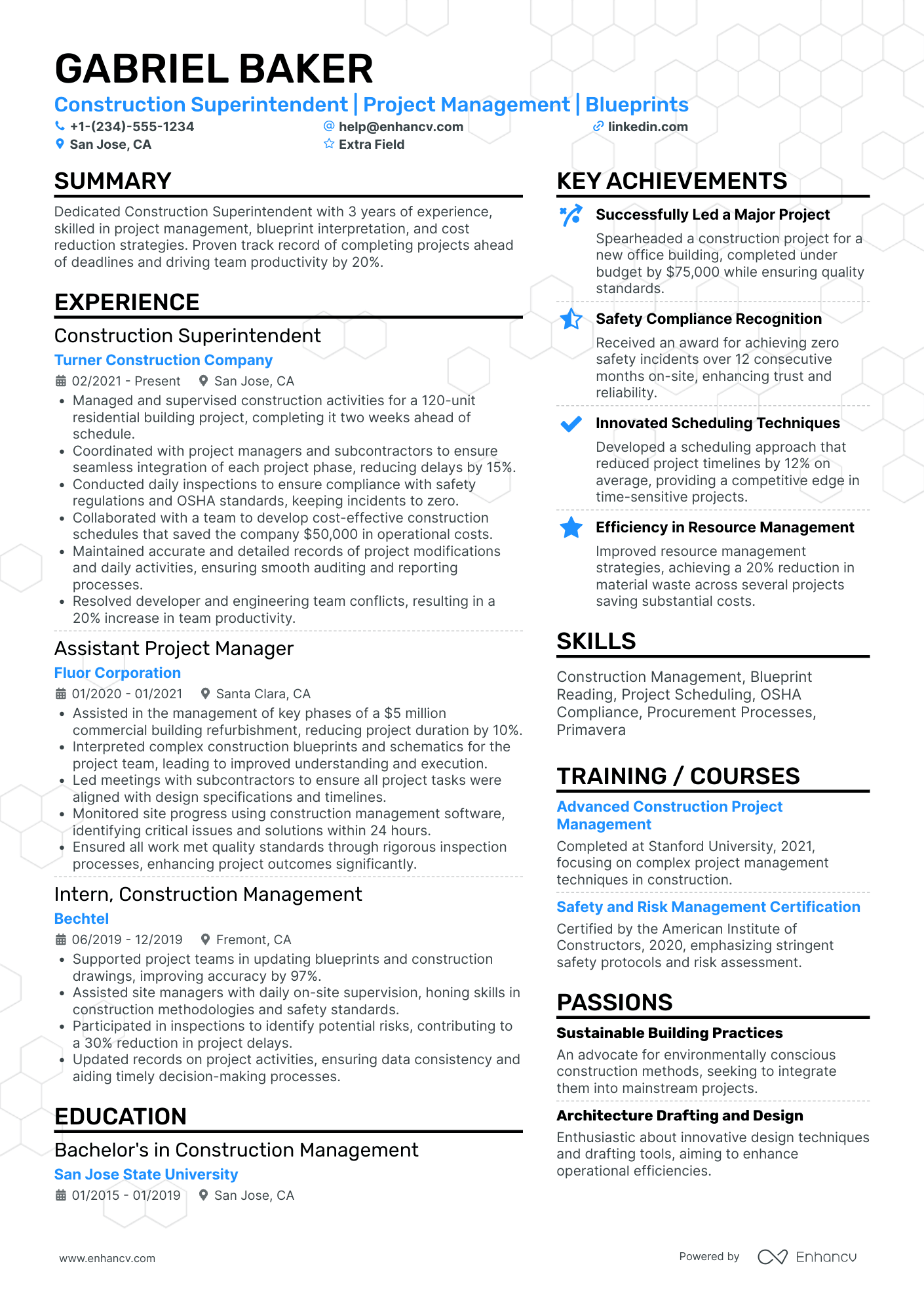 Assistant Project Construction Superintendent Resume Example