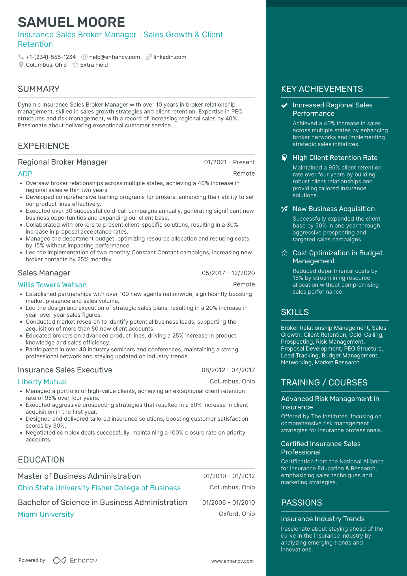 Insurance Sales Manager Resume Example