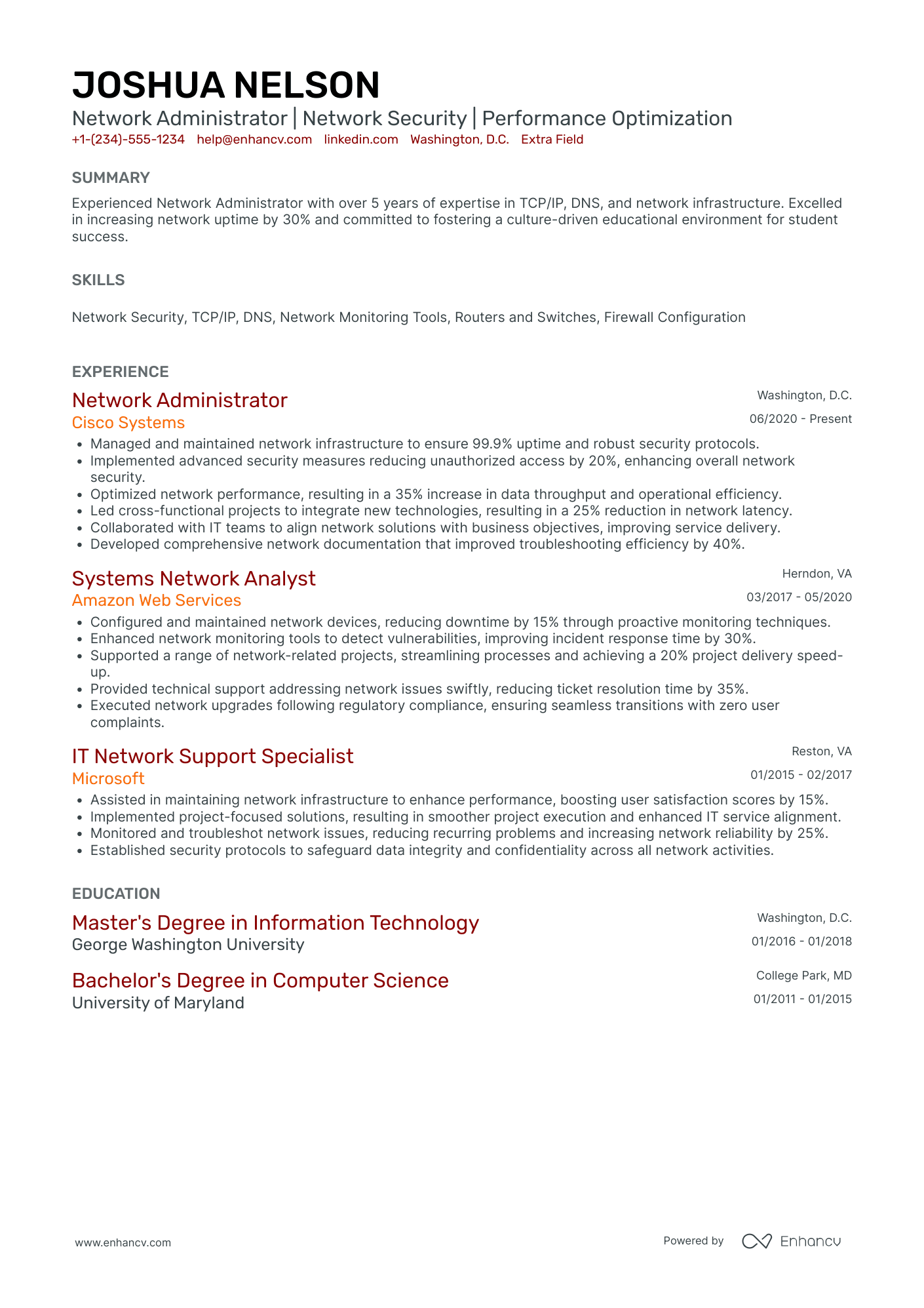 Network Operations Administrator Resume Example