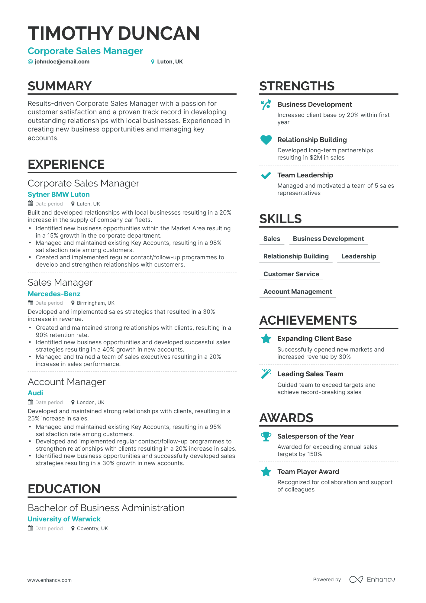 Corporate Sales Manager Resume Example