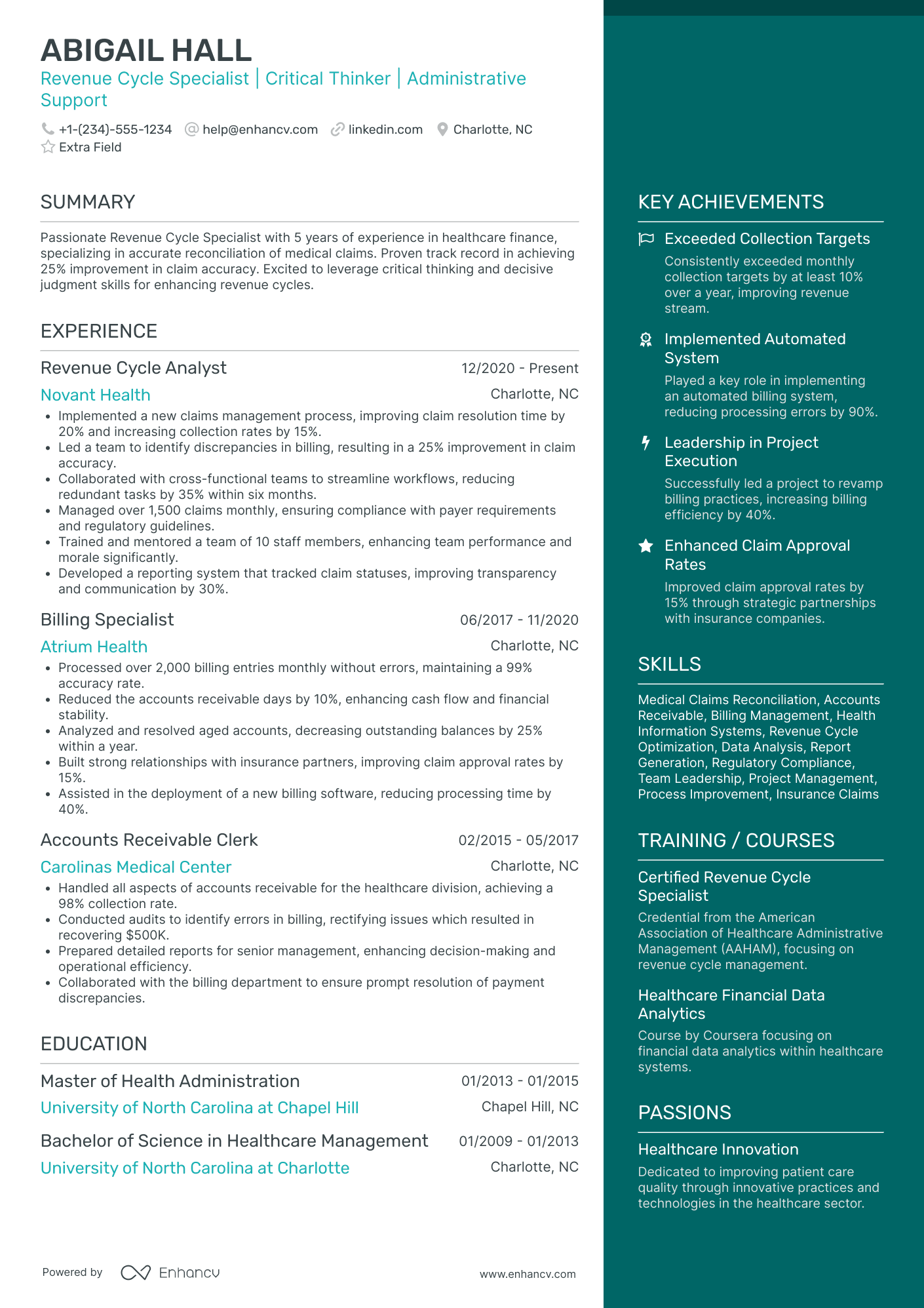 Billing and Revenue Cycle Manager Resume Example