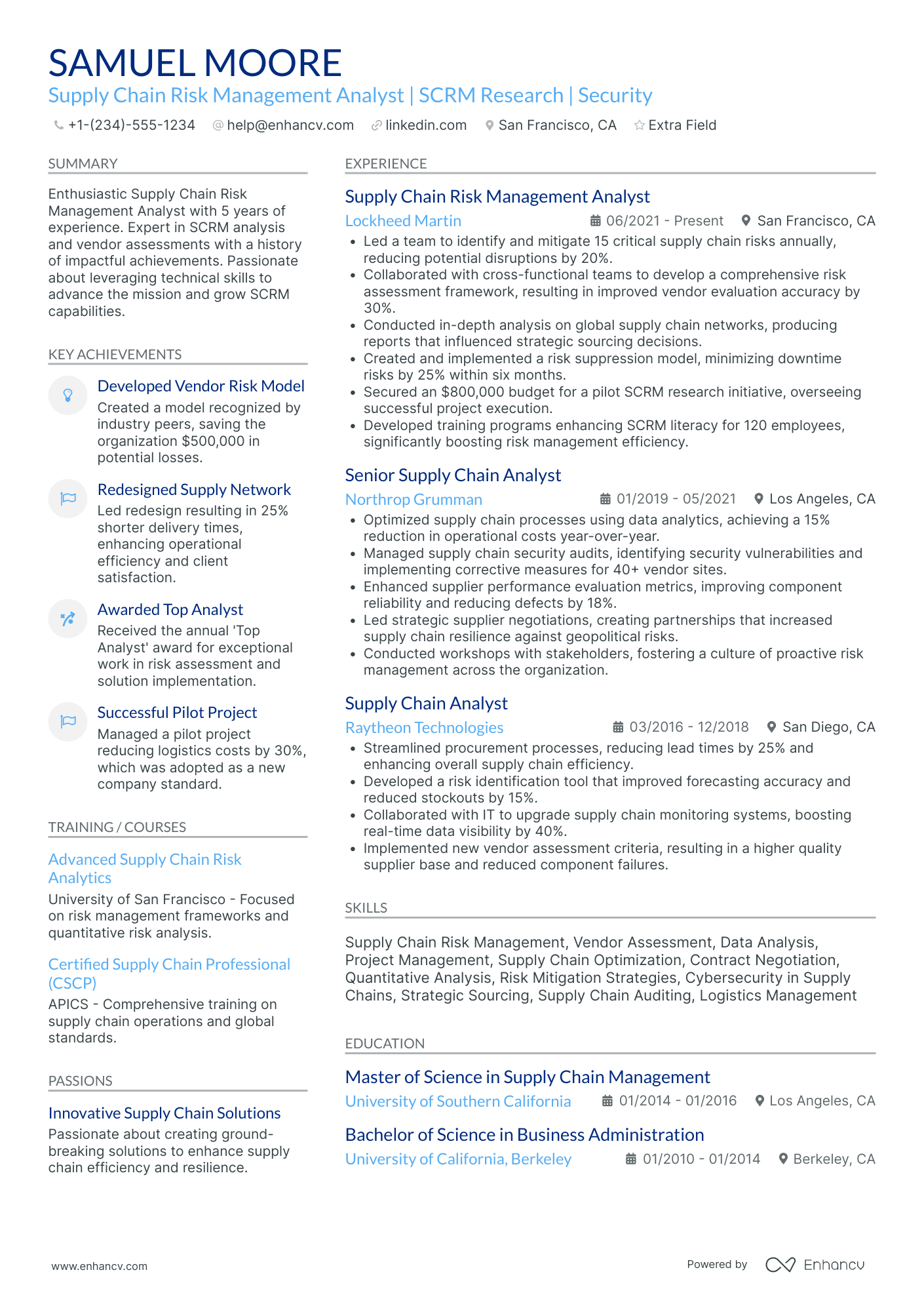 Supply Chain Risk Analyst Resume Example