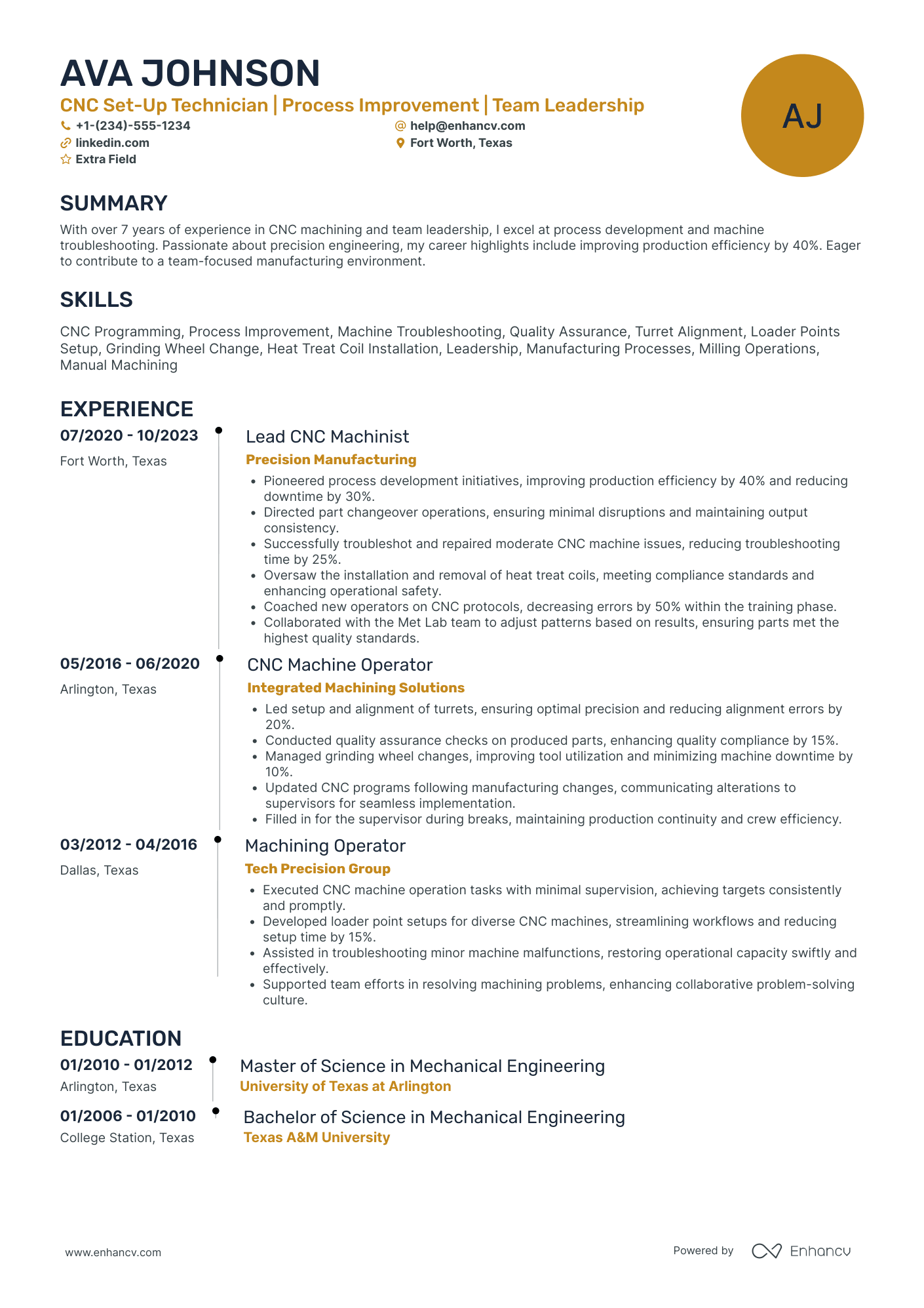 CNC Machinist Setup Technician Resume Example