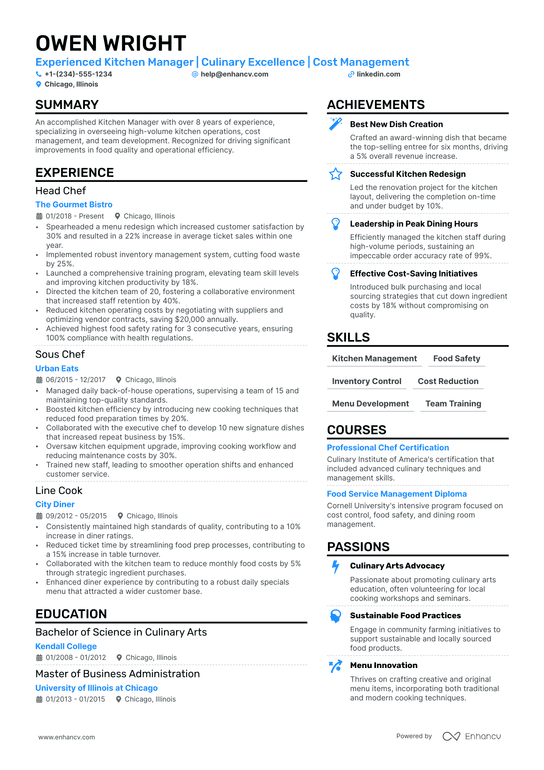 Kitchen Manager Resume Example