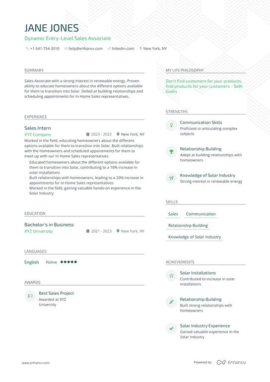 Entry Level Salesperson Resume Example