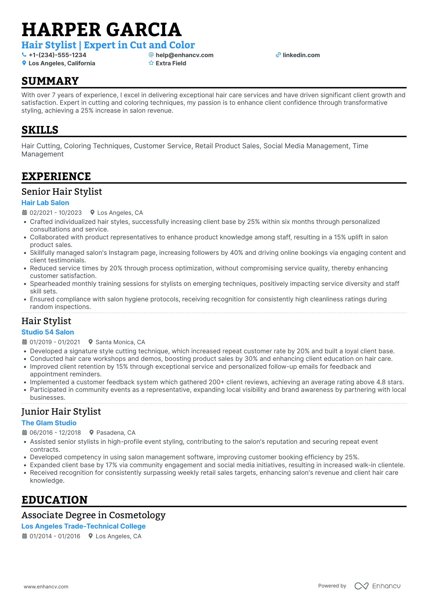 Hair Stylist Supervisor Resume Example