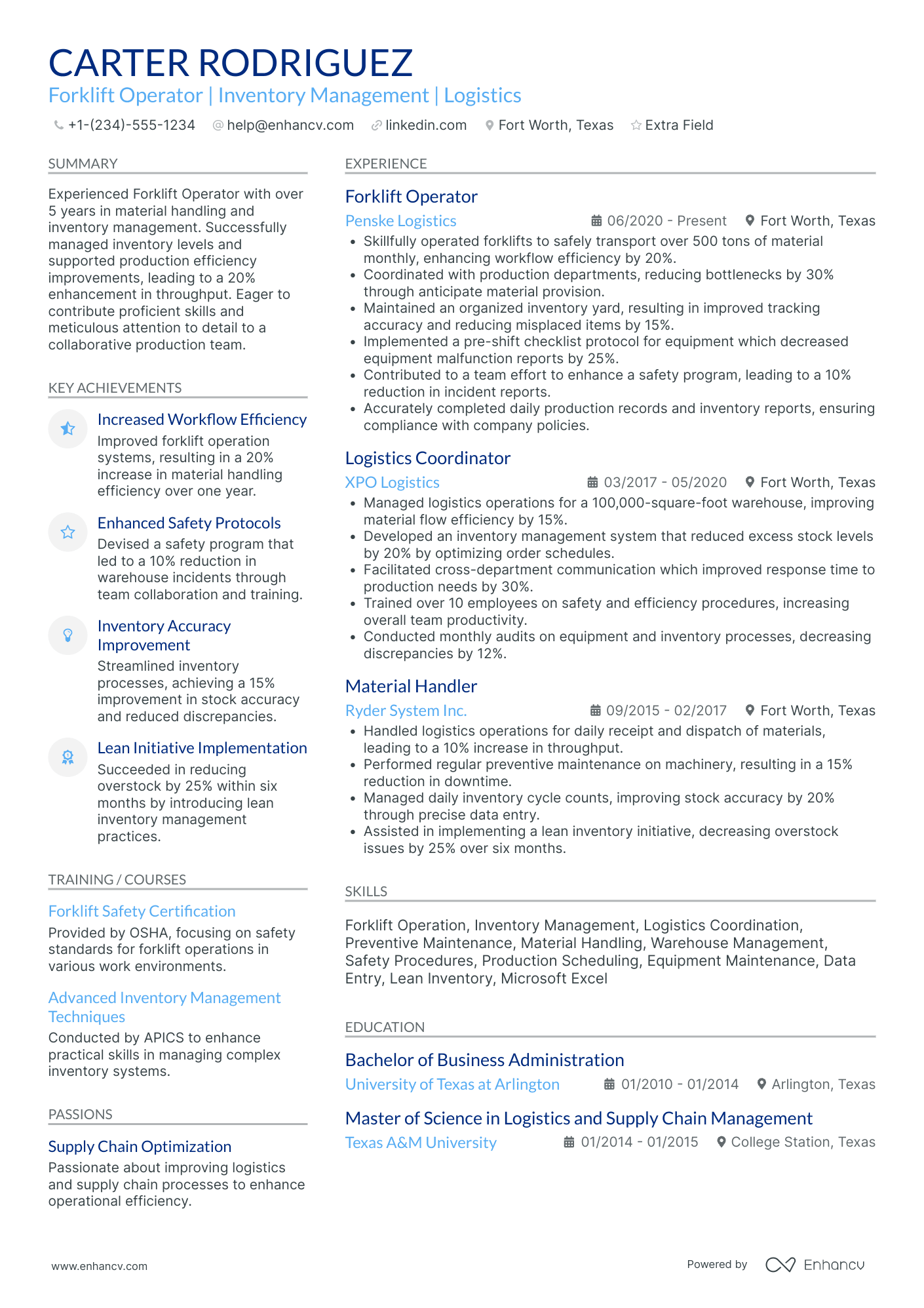 Night Shift Forklift Operator Resume Example