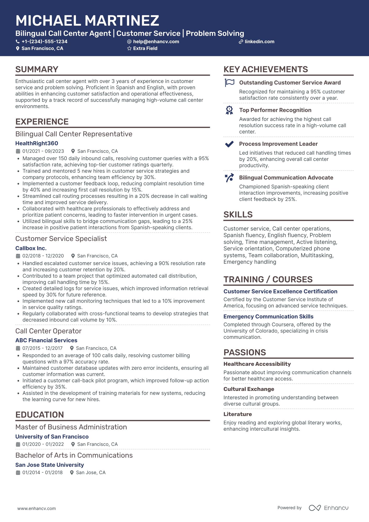 Bilingual Call Center Representative Resume Example