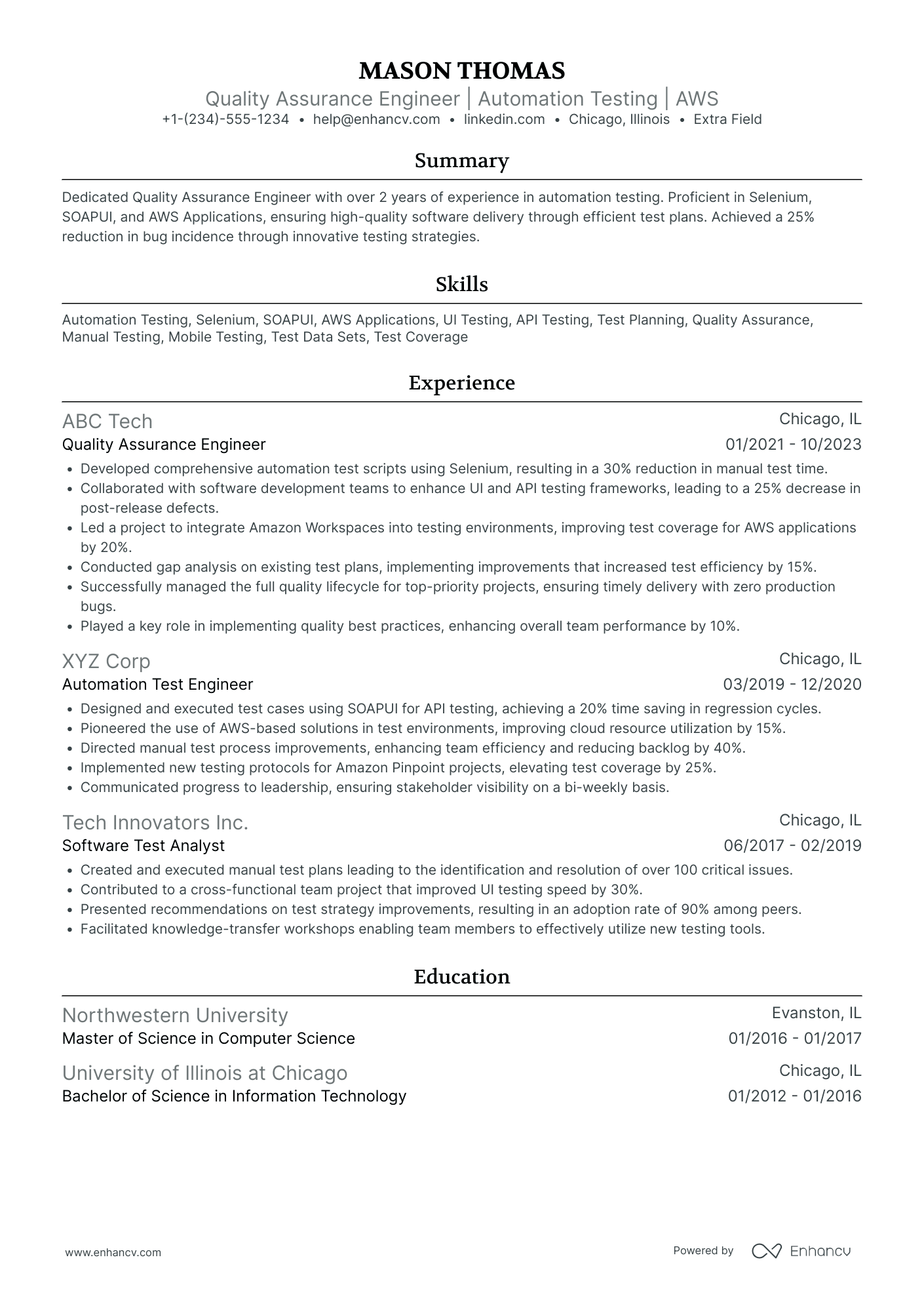 Quality Assurance Engineer Resume Example