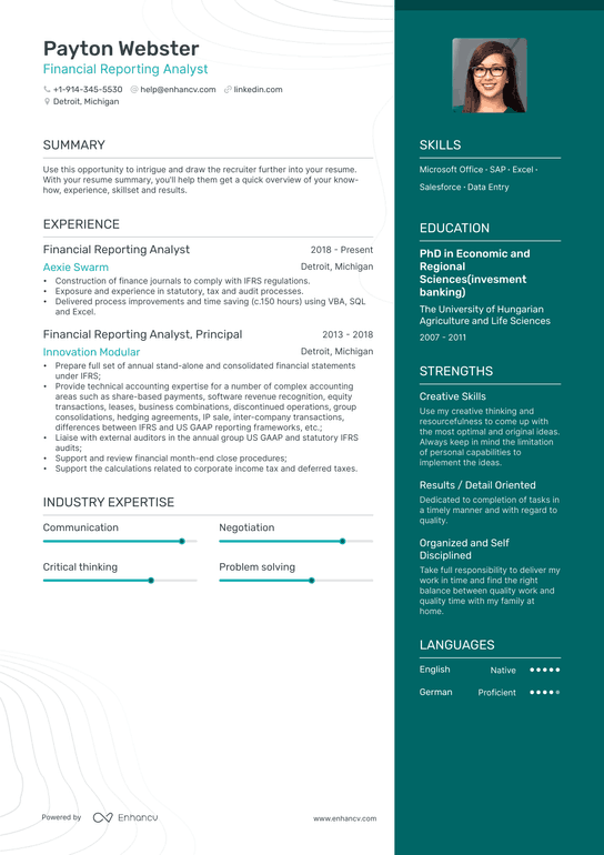 Financial Reporting Analyst Resume Example