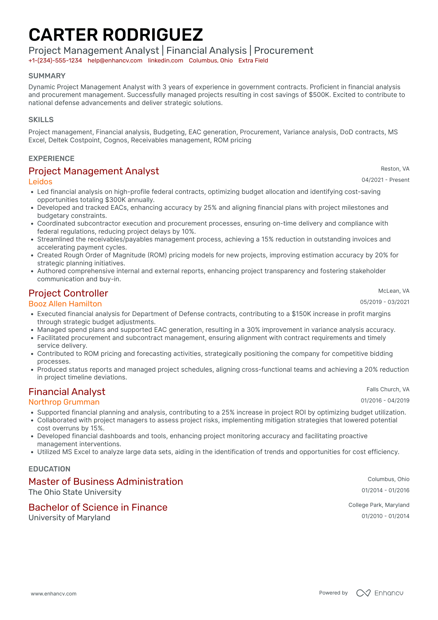 Project Management Analyst Resume Example