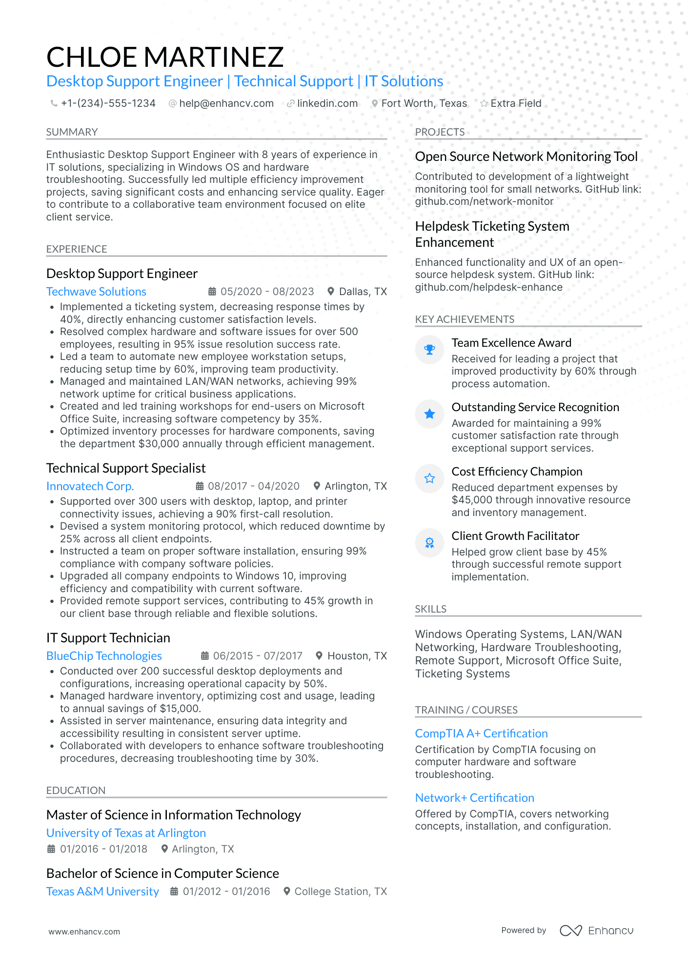 Desktop Support Engineer Resume Example