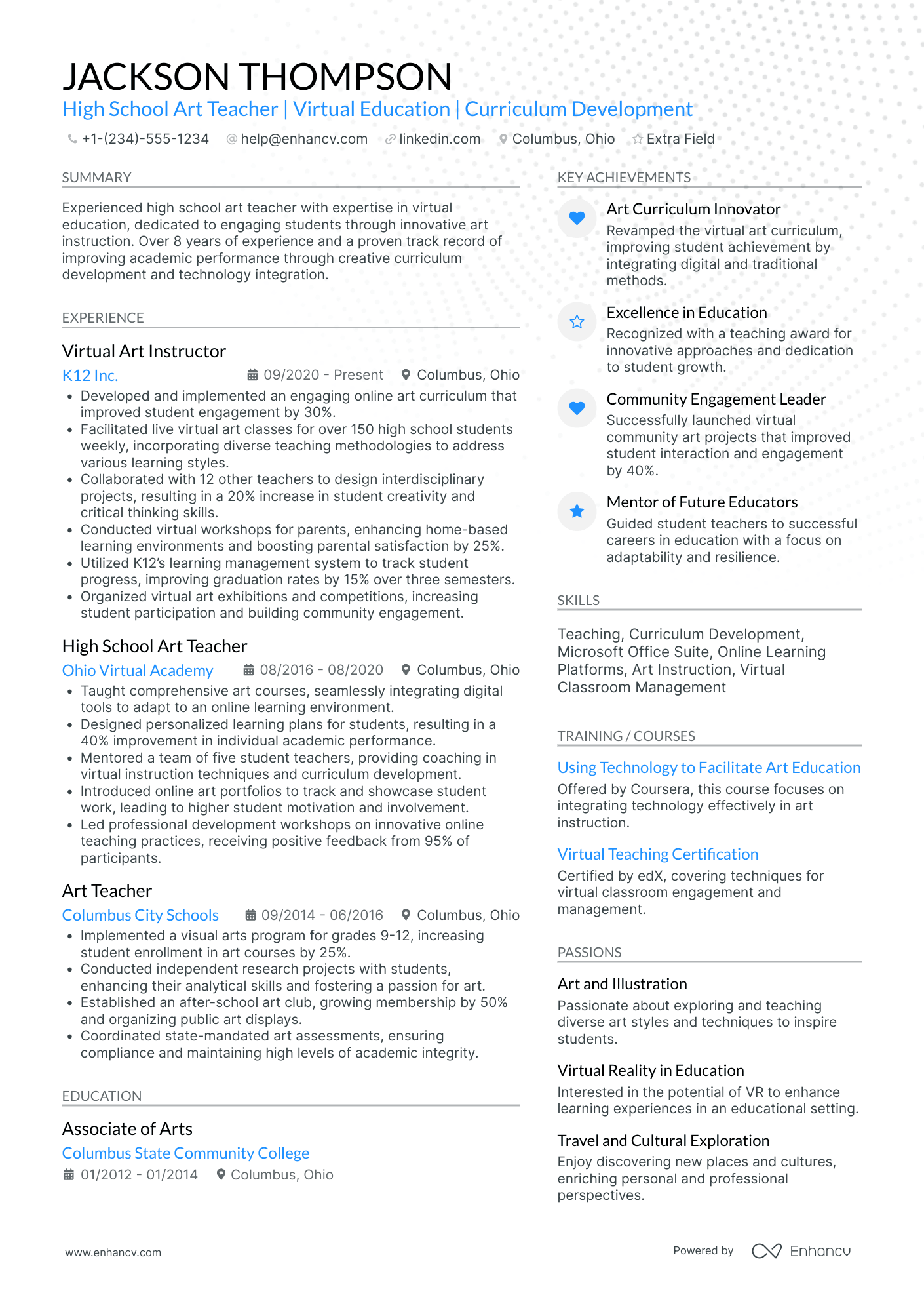 Online Art Teacher Resume Example