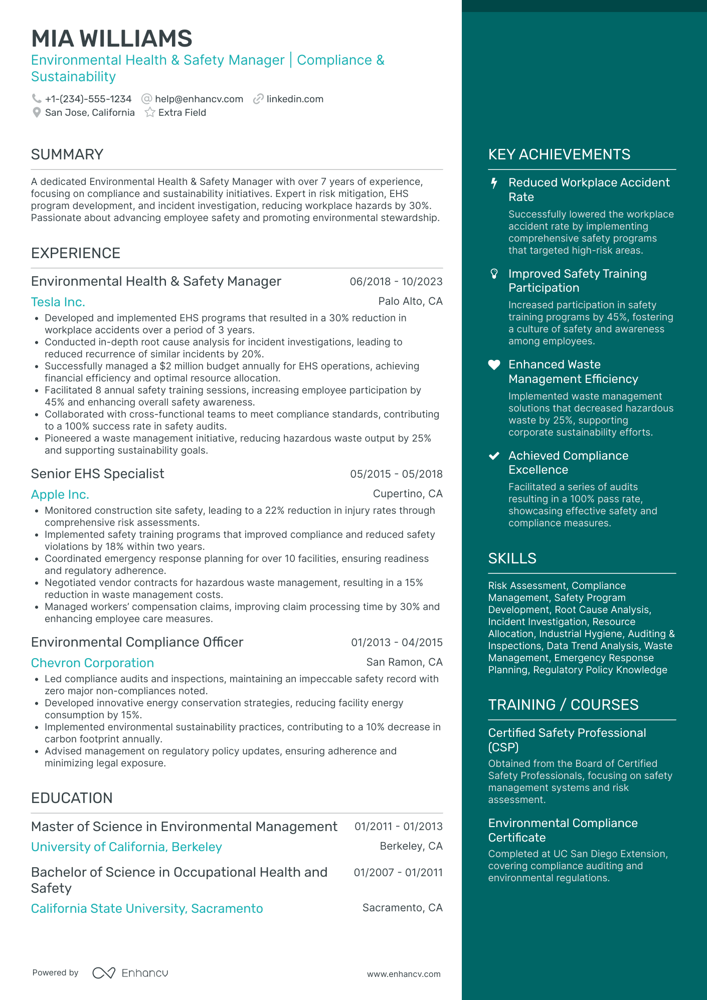 Environmental Health and Safety Manager Resume Example