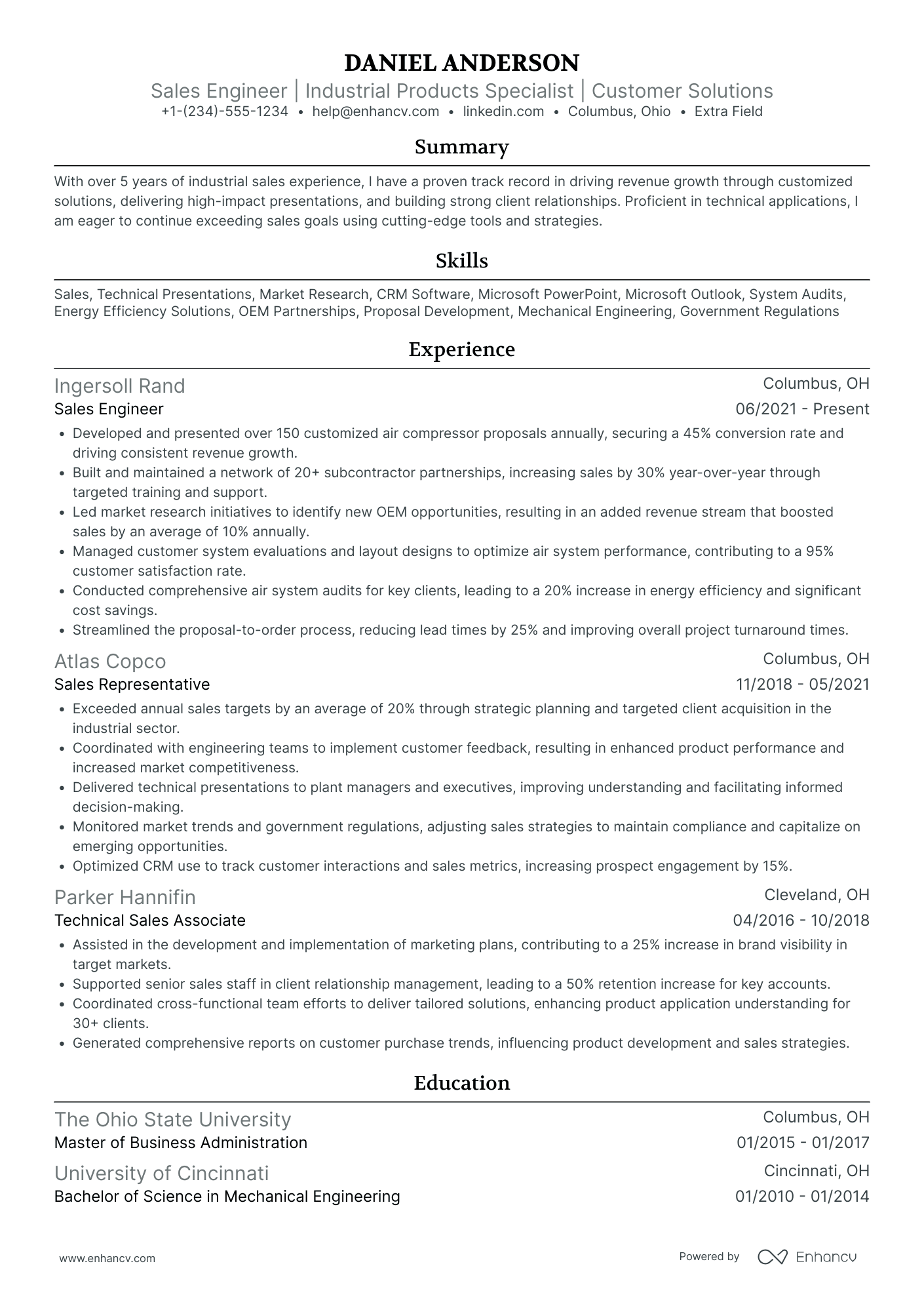 Industrial Sales Engineer Resume Example