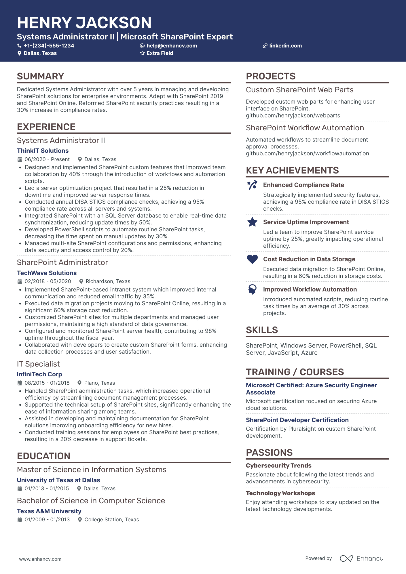 Microsoft SharePoint Administrator Resume Example