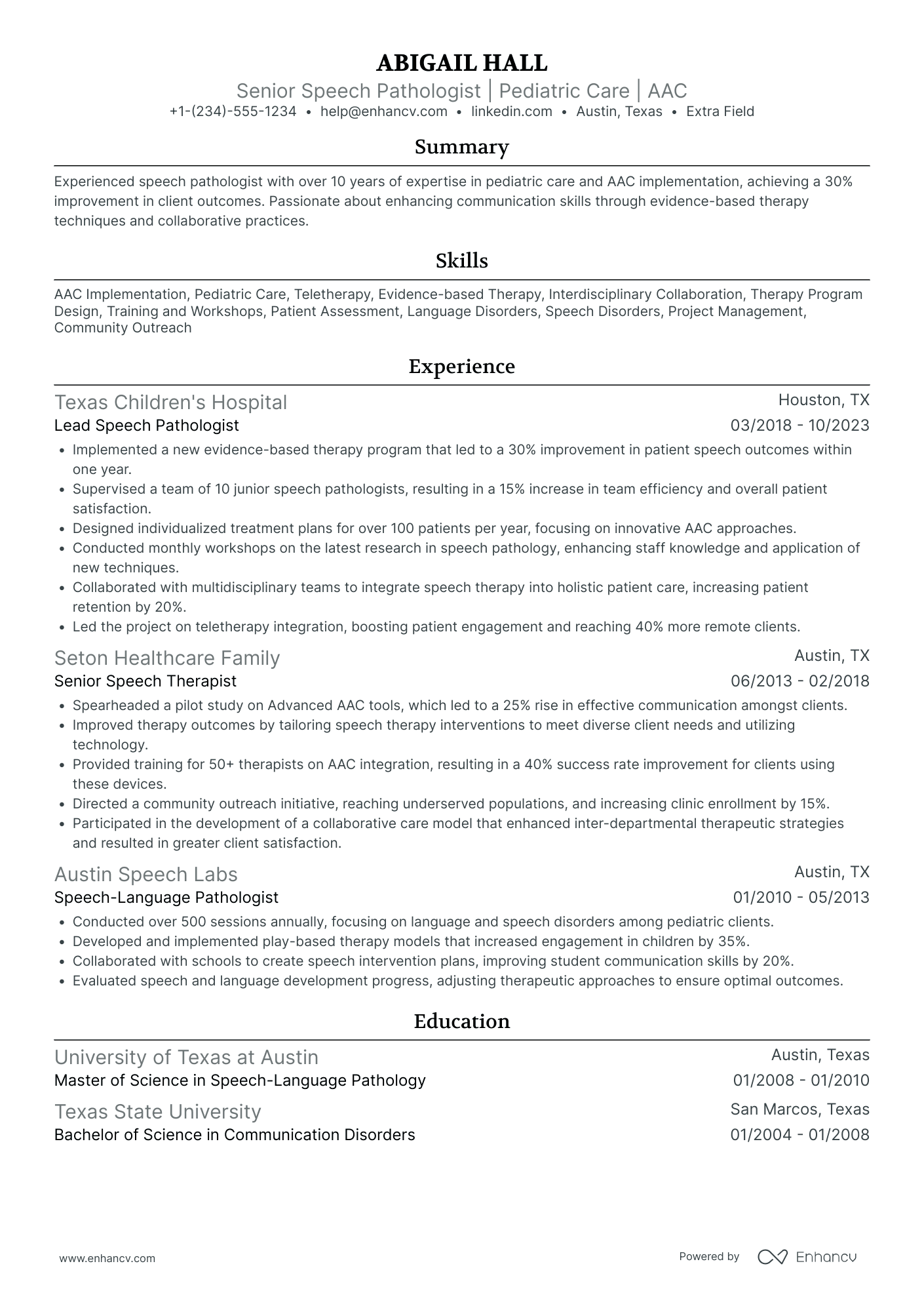 Senior Speech Pathologist Resume Example