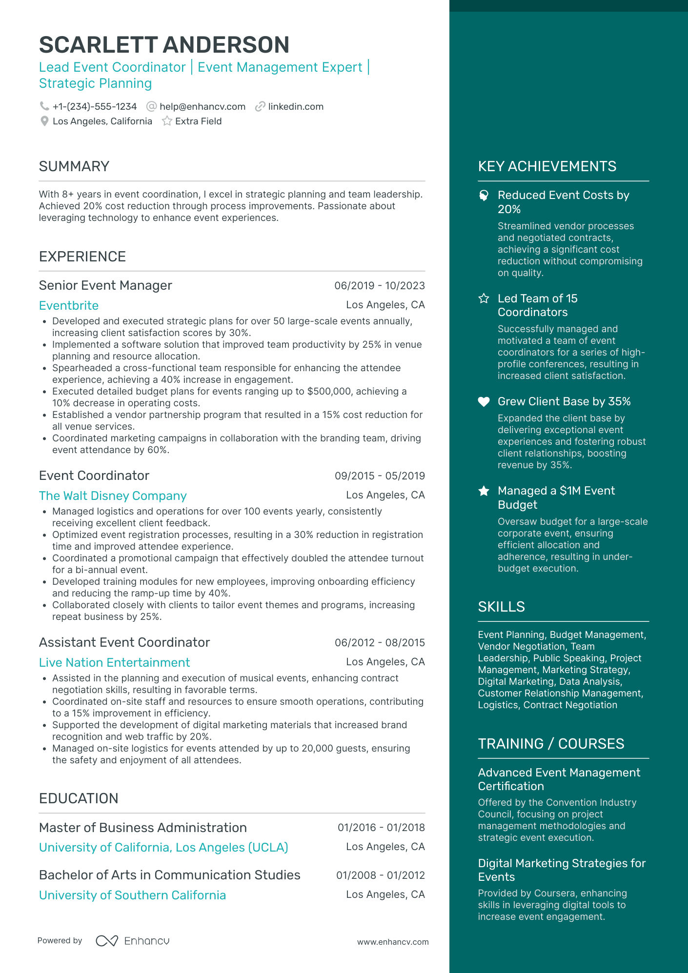 Lead Event Coordinator Resume Example