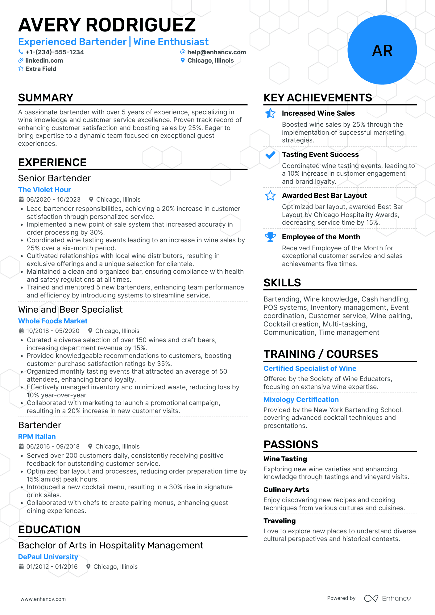 Wine Bartender Resume Example