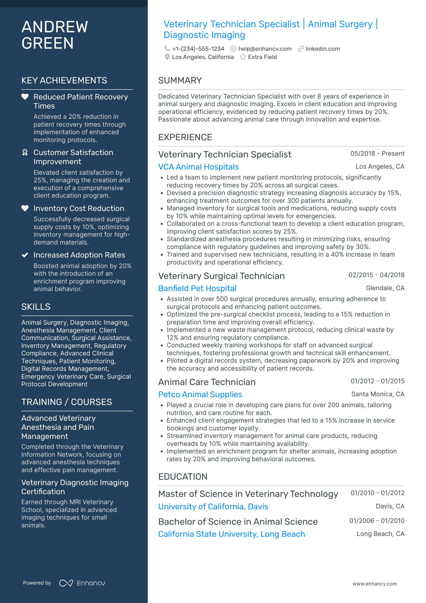 Veterinary Technician Specialist Resume Example