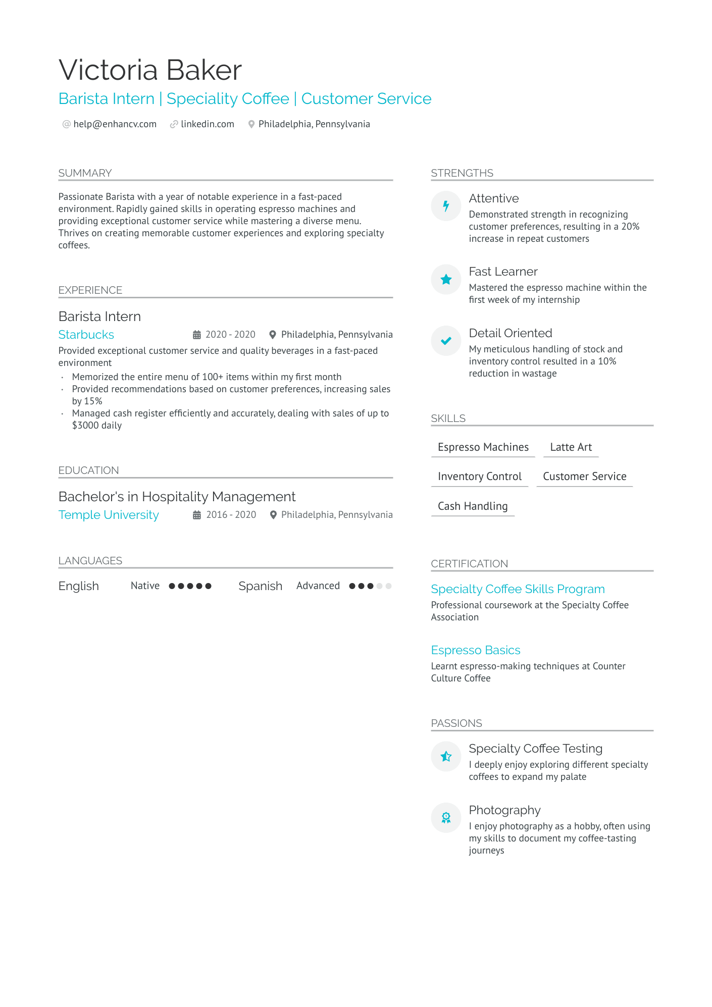 Entry Level Barista Resume Example