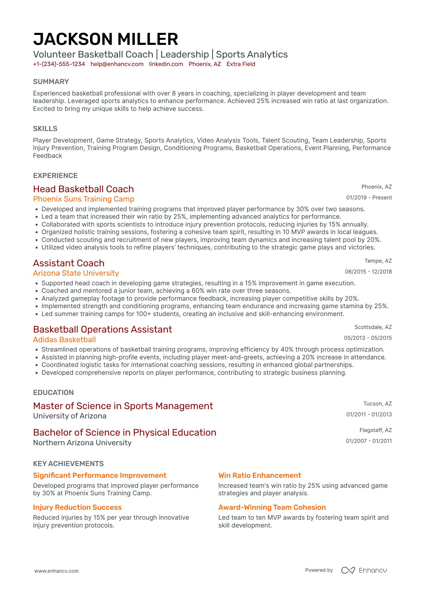 Volunteer Basketball Coach Resume Example