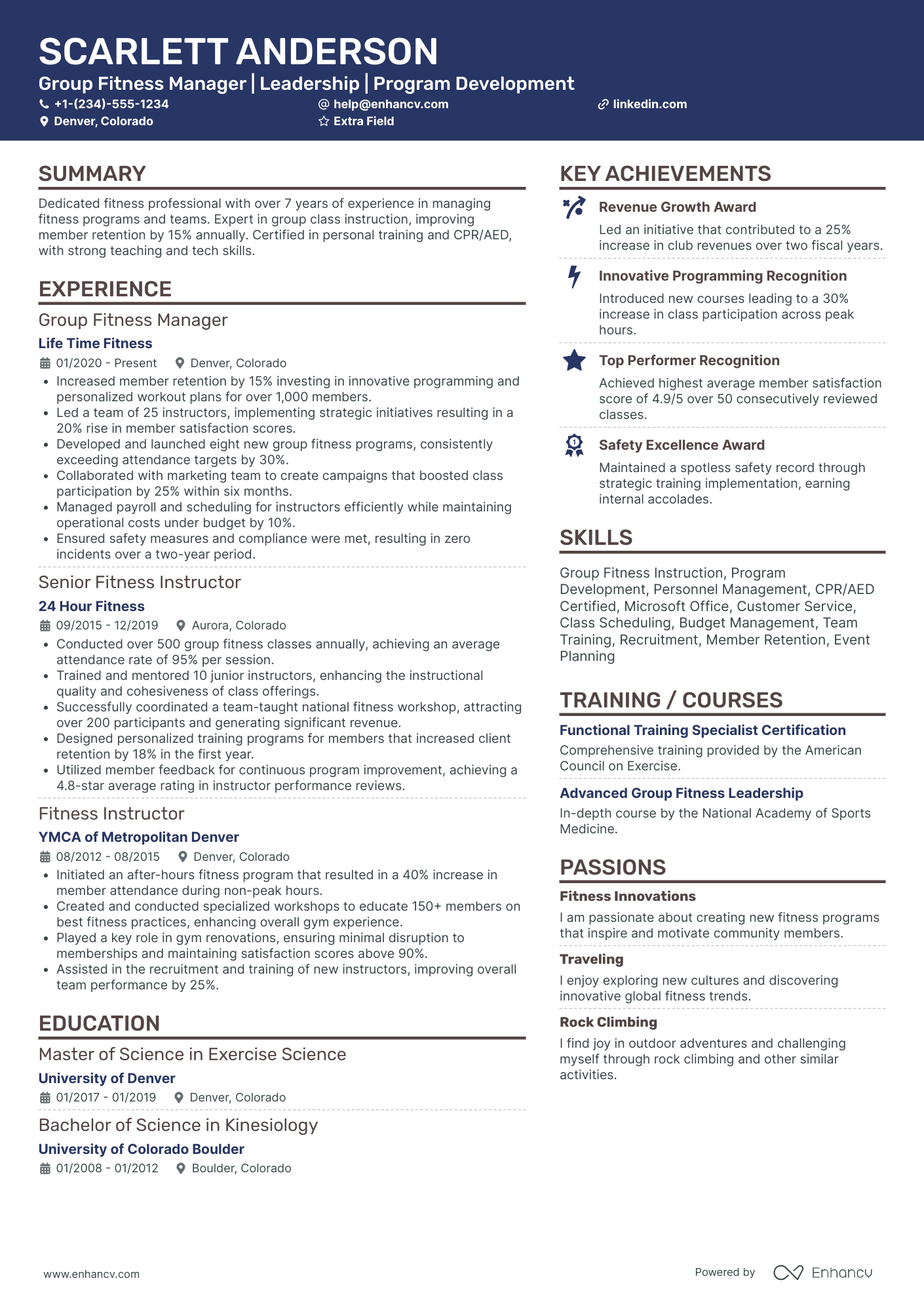 Group Fitness Manager Resume Example