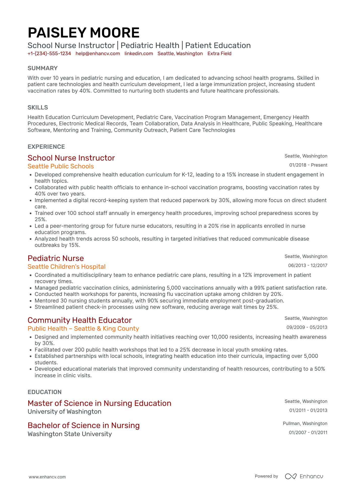 School Nurse Instructor Resume Example