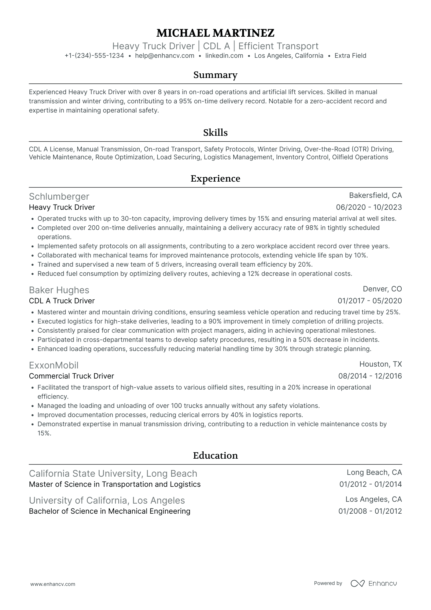 Oilfield Truck Driver Resume Example