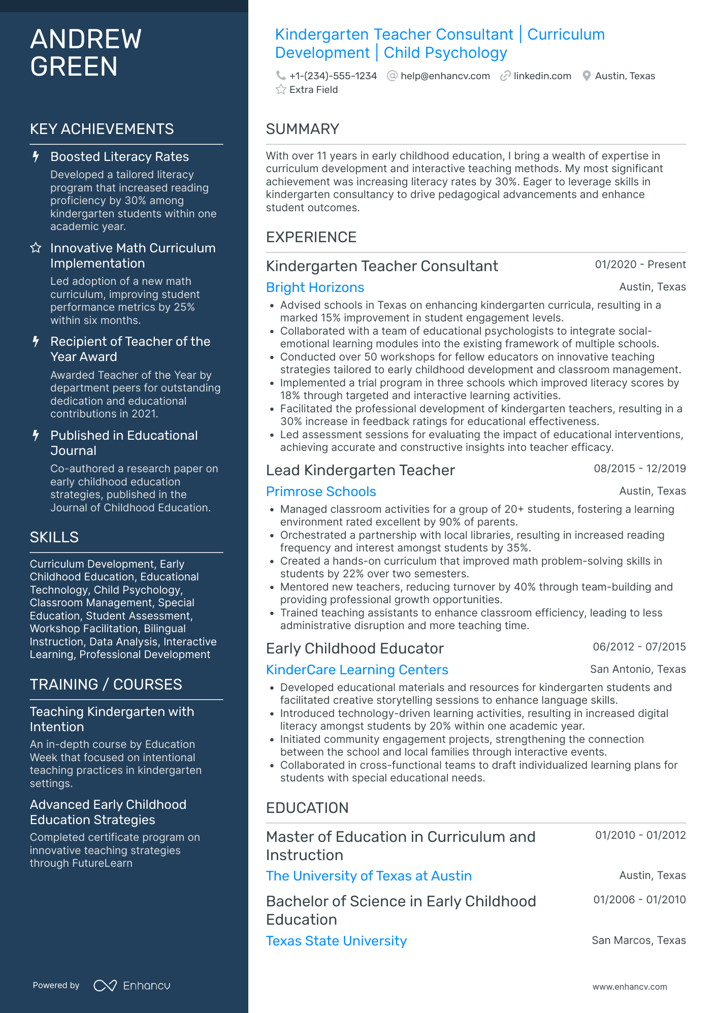 Kindergarten Teacher Consultant Resume Example