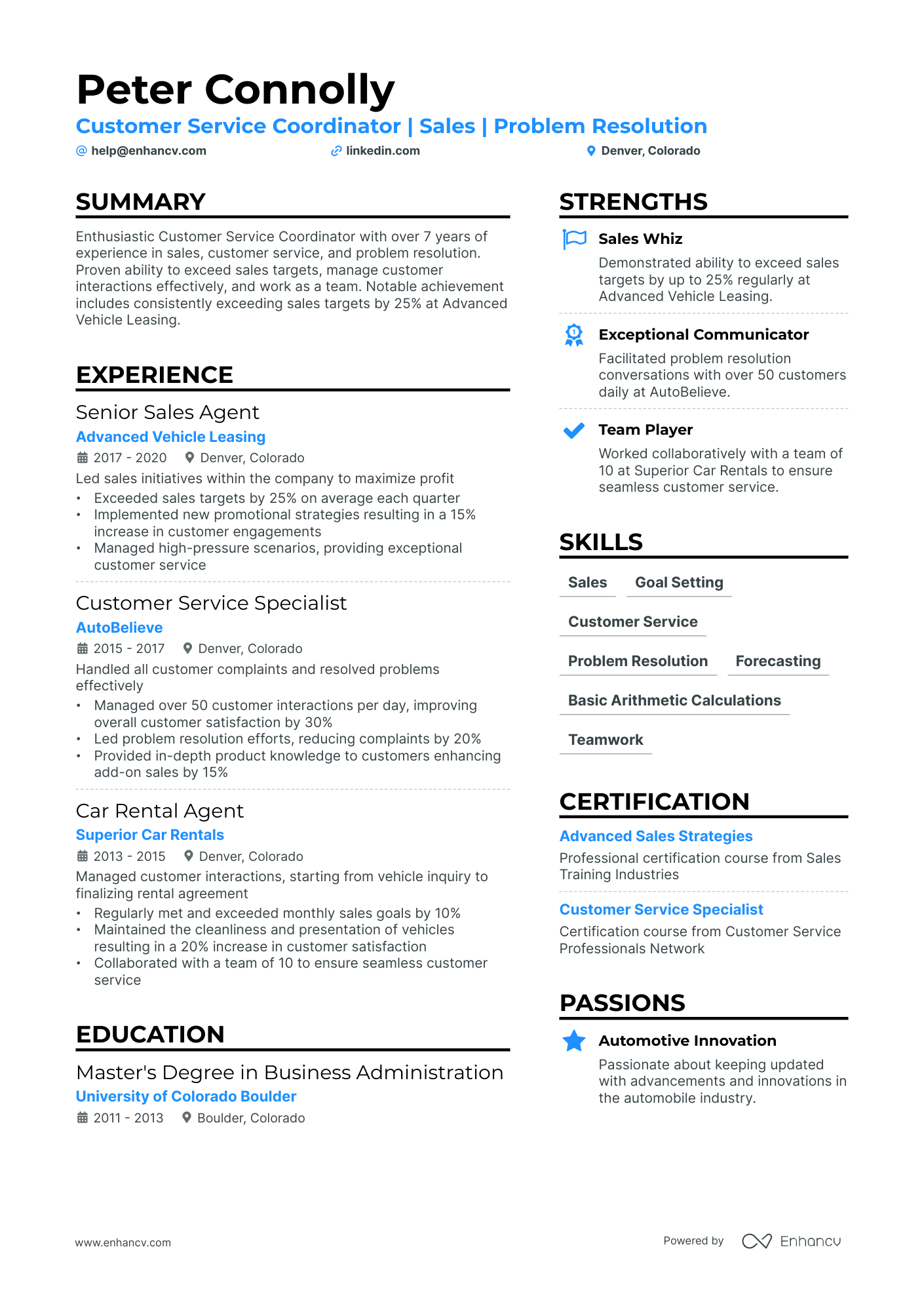 Customer Service Coordinator Resume Example