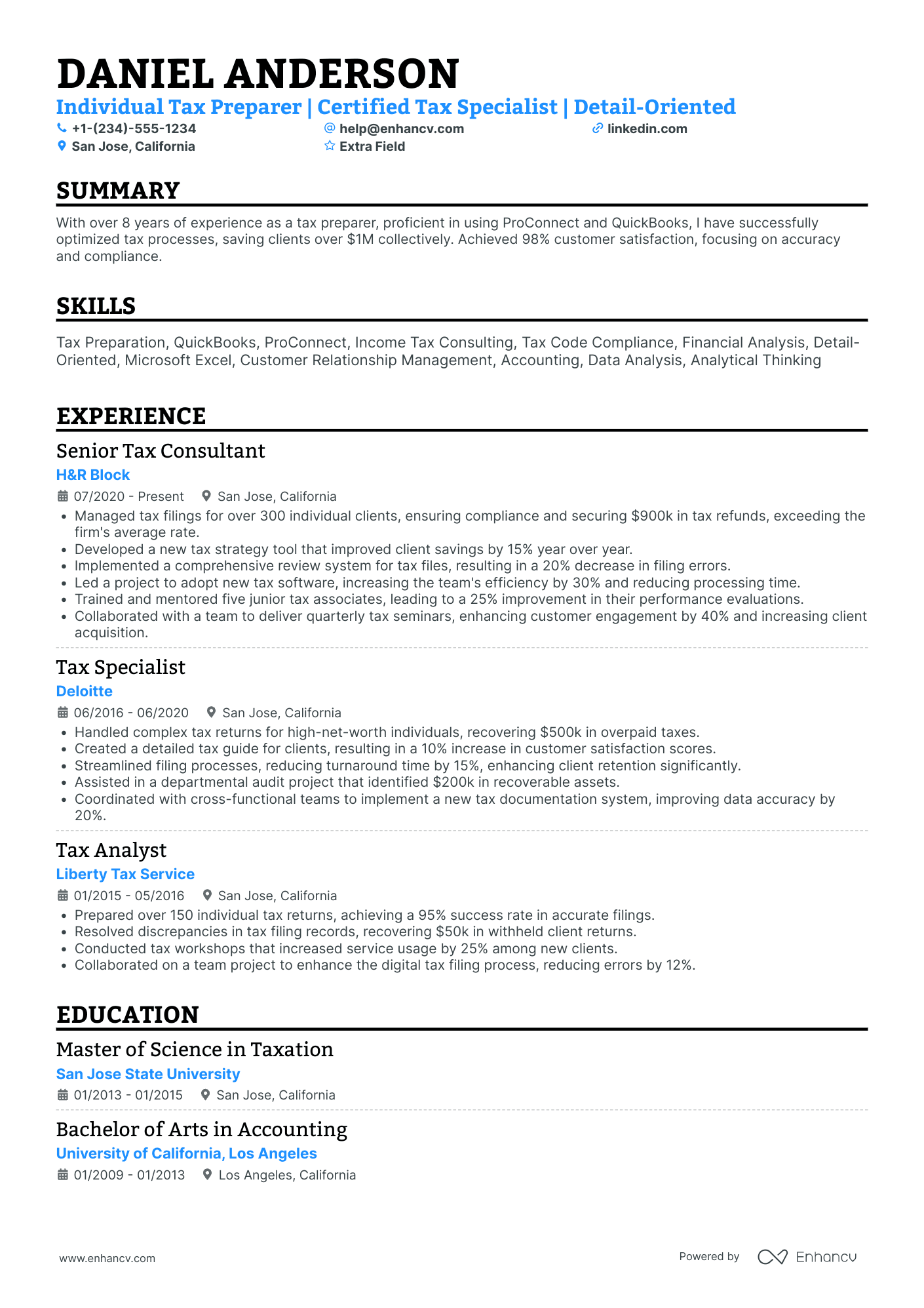 Individual Tax Preparer Resume Example